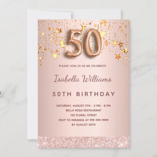 50th birthday rose gold pink stars balloon script invitation