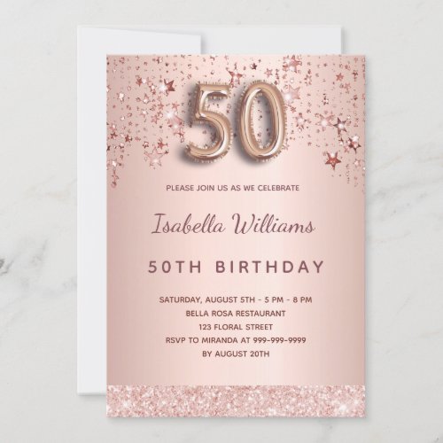 50th birthday rose gold pink stars balloon script invitation
