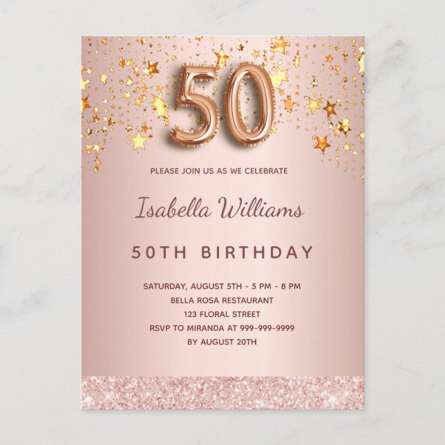 50th birthday rose gold pink stars balloon script postcard (Front)