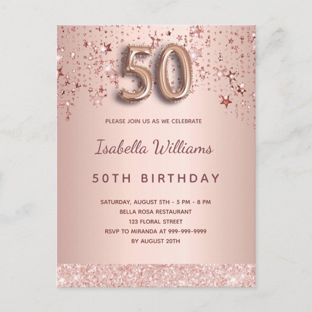 50th birthday rose gold pink stars balloon script postcard (Front)