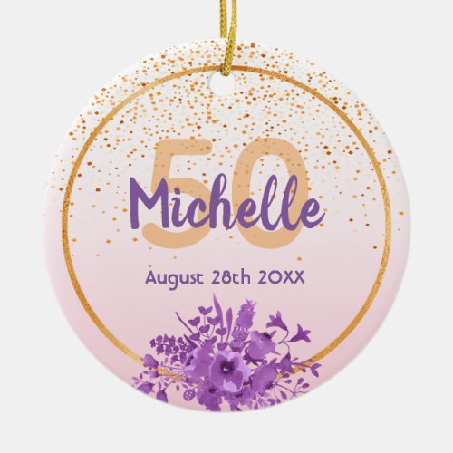 50th birthday rose gold purple florals ceramic ornament