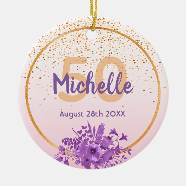 50th birthday rose gold purple florals ceramic ornament (Front)
