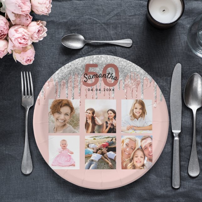 50th birthday rose gold silver photo paper plates (Creator Uploaded)