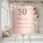 50th birthday rose gold silver welcome sign<br><div class="desc">A welcome board for a girly and glamorous 50th birthday party.  A rose gold background decorated with faux silver sparkles.   Personalize and add a name.  Number 50 is written with a balloon style font.  
Back: no design</div>