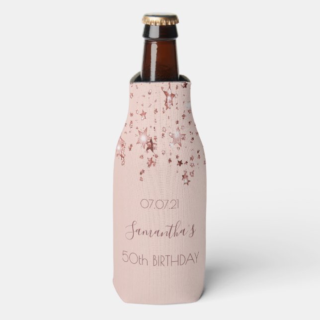 50th birthday rose gold stars name bottle cooler (Bottle Front)