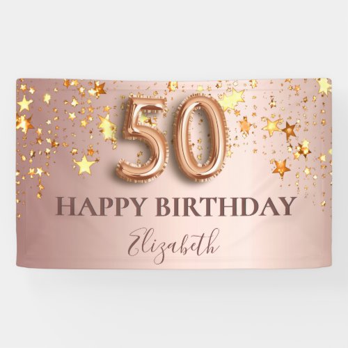 50th birthday rose gold stars pink balloon script banner
