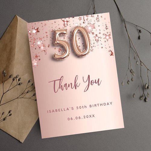 50th birthday rose gold stars thank you card