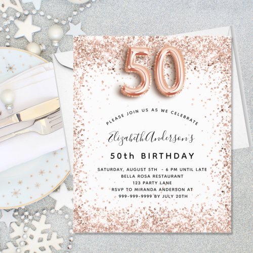 50th birthday rose gold white budget invitation flyer