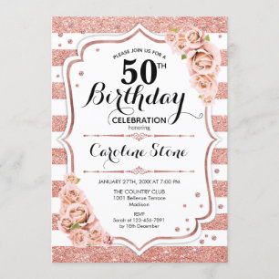 50th Birthday -  Rose Gold White Stripes Invitation