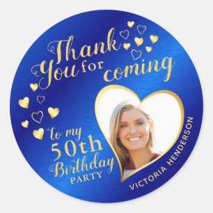 50th Birthday Royal Blue and Gold Thank You Classic Round Sticker