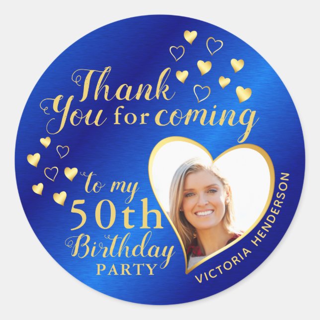 50th Birthday Royal Blue and Gold Thank You Favor Classic Round Sticker (Front)