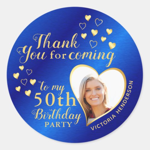50th Birthday Royal Blue and Gold Thank You Favor Classic Round Sticker