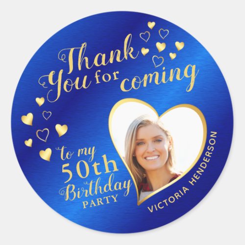 50th Birthday Royal Blue Gold Thank You for Coming Classic Round Sticker
