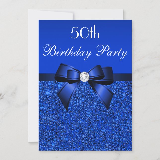 50th Birthday Royal Blue Sequins Bow and Diamond Invitation (Front)