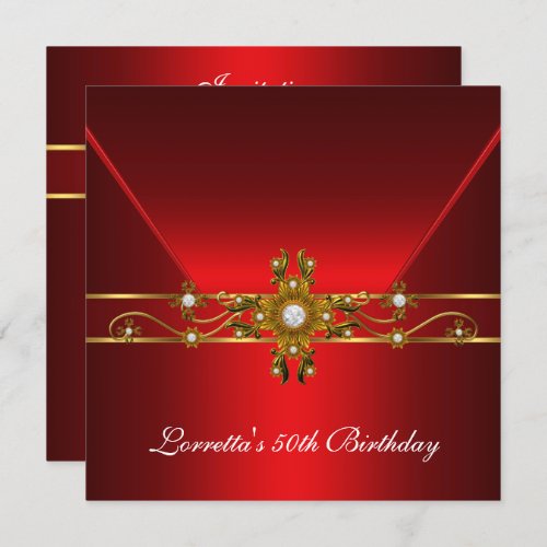 50th Birthday Royal Red Elegant Gold Jewel Invitation