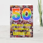 [ Thumbnail: 50th Birthday; Rustic Autumn Leaves; Rainbow "50" Card ]