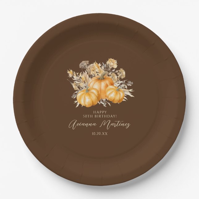 50th Birthday Rustic Boho Pumpkin Fall Custom Paper Plates (Front)