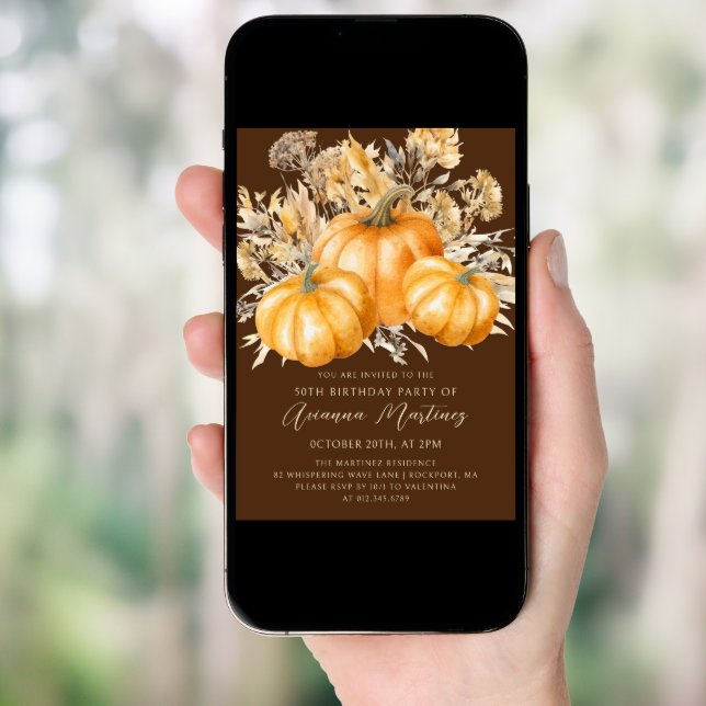 50th Birthday Rustic Boho Pumpkin Fall Foliage Invitation (Front Digital)