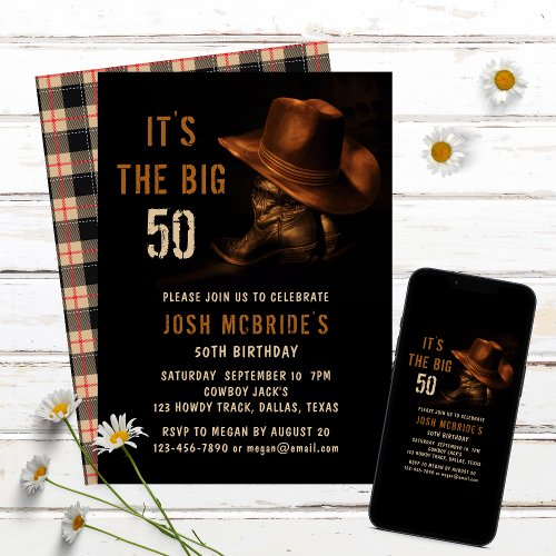 50th Birthday Rustic Cowboy Hat and Leather Boots Invitation