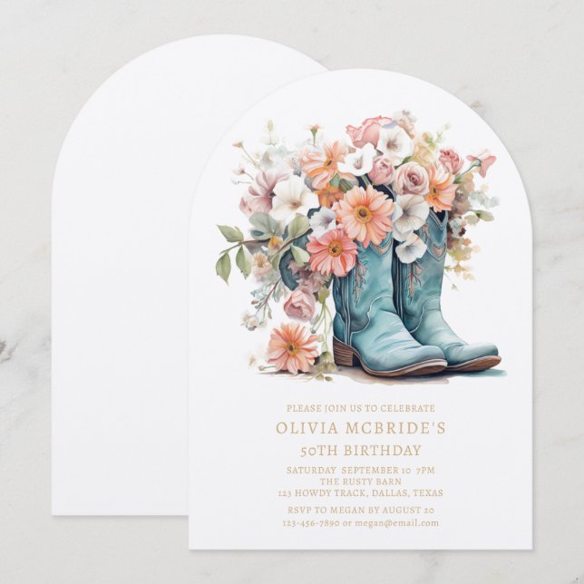 50th Birthday Rustic Cowgirl Boots Flowers Invitation (Front/Back)