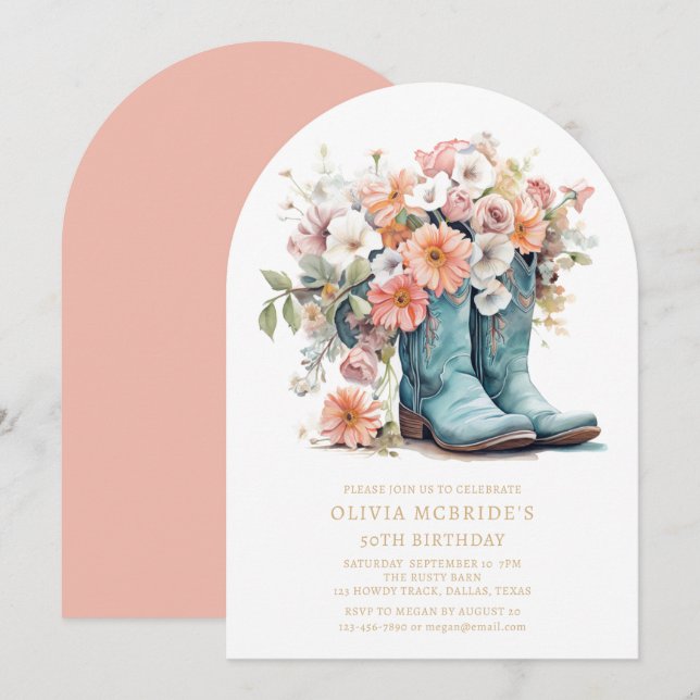 50th Birthday Rustic Cowgirl Boots Flowers Invitation (Front/Back)