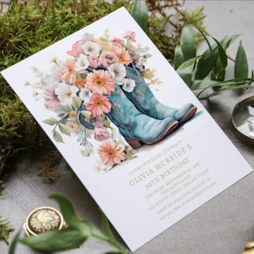 50th Birthday Rustic Cowgirl Boots Flowers Invitation