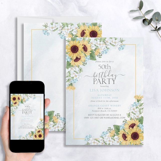 50th Birthday Rustic Dusty Blue Sunflower Script Invitation (Creator Uploaded)