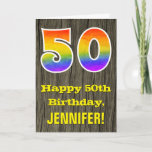 [ Thumbnail: 50th Birthday: Rustic Faux Wood Look, Rainbow "50" Card ]