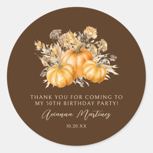 50th Birthday Rustic Pumpkin Fall Thank You Favor Classic Round Sticker