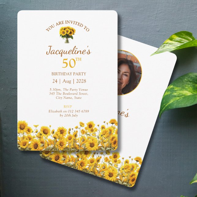 50th Birthday Rustic Sunflower Floral Photo Invitation (50th birthday party invitations with sunflower design on a grey background)