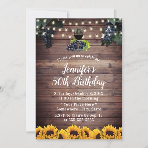 50th Birthday Rustic Sunflowers Vineyard Wine Invitation