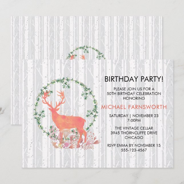 50th Birthday Rustic Watercolor Reindeer Boho Invitation (Front/Back)