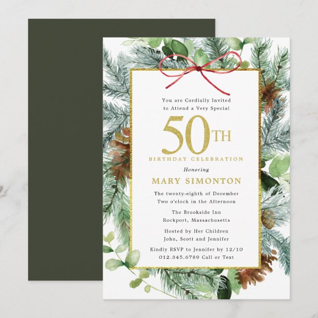 50th Birthday Rustic Winter Botanical  Invitation (Front/Back)