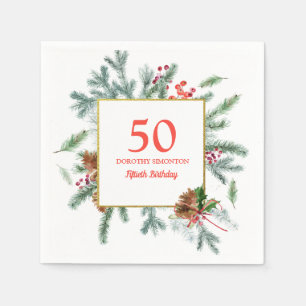 50th Birthday Rustic Winter Greenery Napkins
