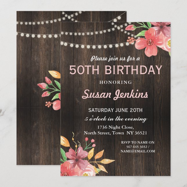 50th Birthday Rustic Wood Pink Flower Invitation (Front/Back)