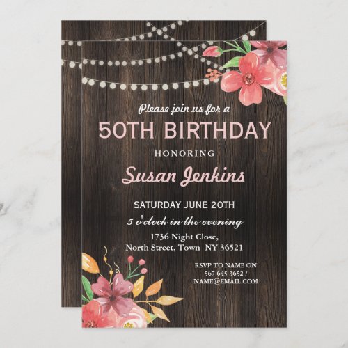 50th Birthday Rustic Wood Pink Flower Invitation