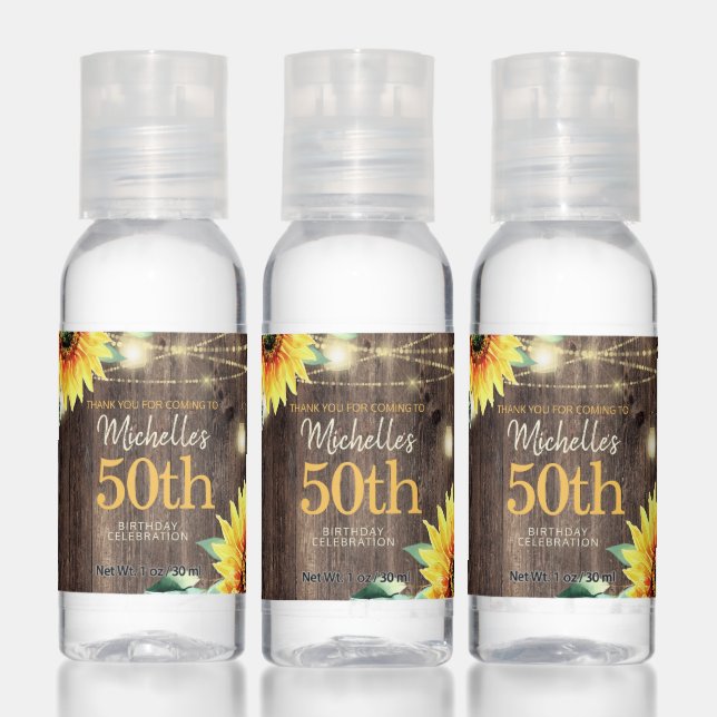 50th Birthday Rustic Wood Sunflowers String Light Hand Sanitizer (Set)
