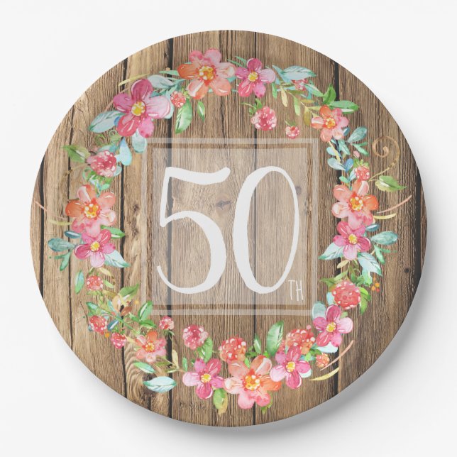 50th birthday rustic wood watercolor flowers paper plates (Front)