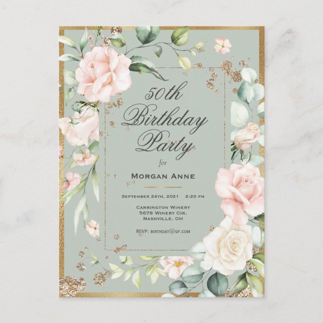 50th Birthday Sage Green Gold Watercolor Floral  I Postcard (Front)