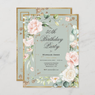 50th Birthday Sage Green Gold Watercolor Invitation Postcard
