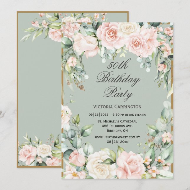 50th Birthday Sage Green Pink Blush  Invitation (Front/Back)