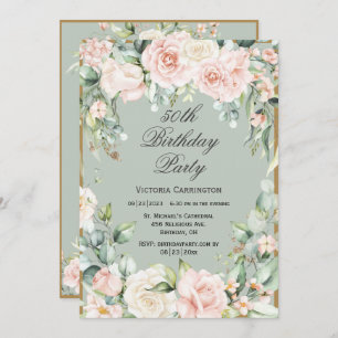 50th Birthday Sage Green Pink Blush Invitation