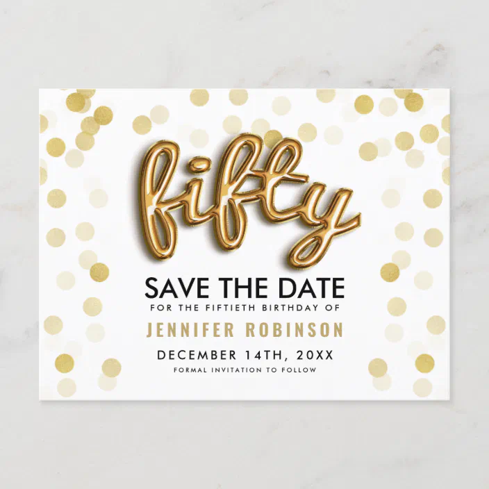 50th Birthday Save The Date Gold Balloons Glitter Announcement Postcard Zazzle Com