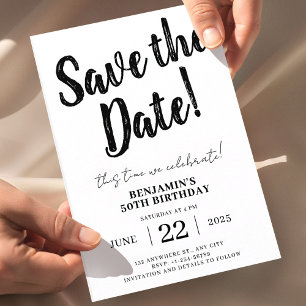 50th Birthday Save the Date, Minimal Black White Invitation
