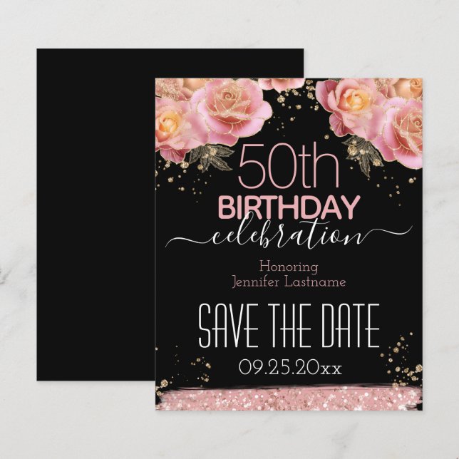 50th Birthday Save the Date Pink Floral Budget (Front/Back)