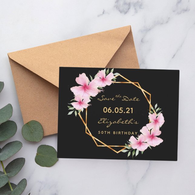 50th birthday Save the Date tropical black gold Postcard (Creator Uploaded)