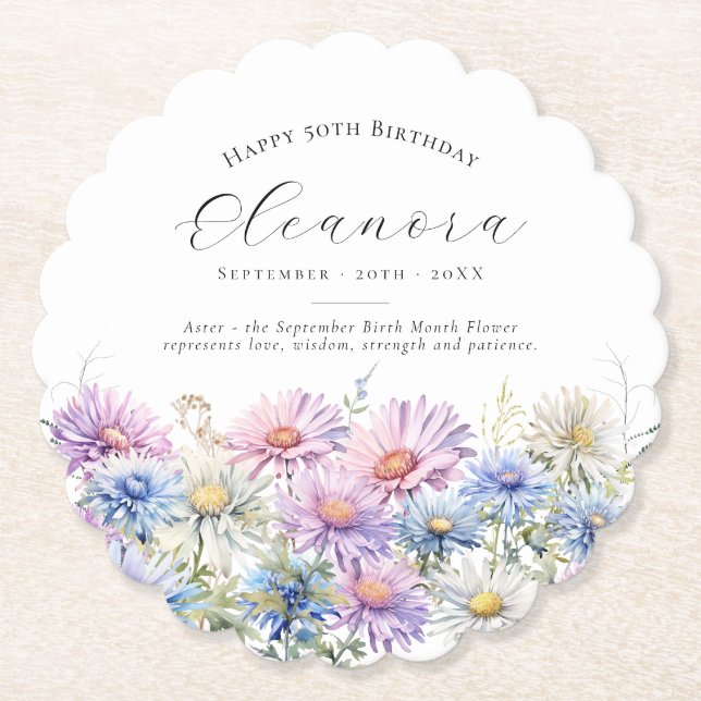 50th Birthday September Birth Flower Custom Paper Coaster (Front)