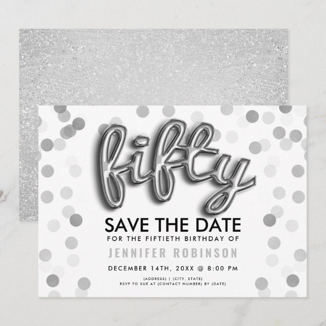 50th Birthday Silver Balloons Glitter Confetti Invitation (Front/Back)