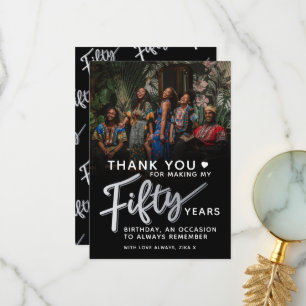 50th birthday silver black fifty script photo thank you card