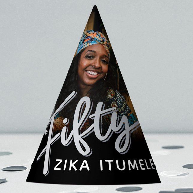 50th birthday silver black personalized photo name party hat (Creator Uploaded)